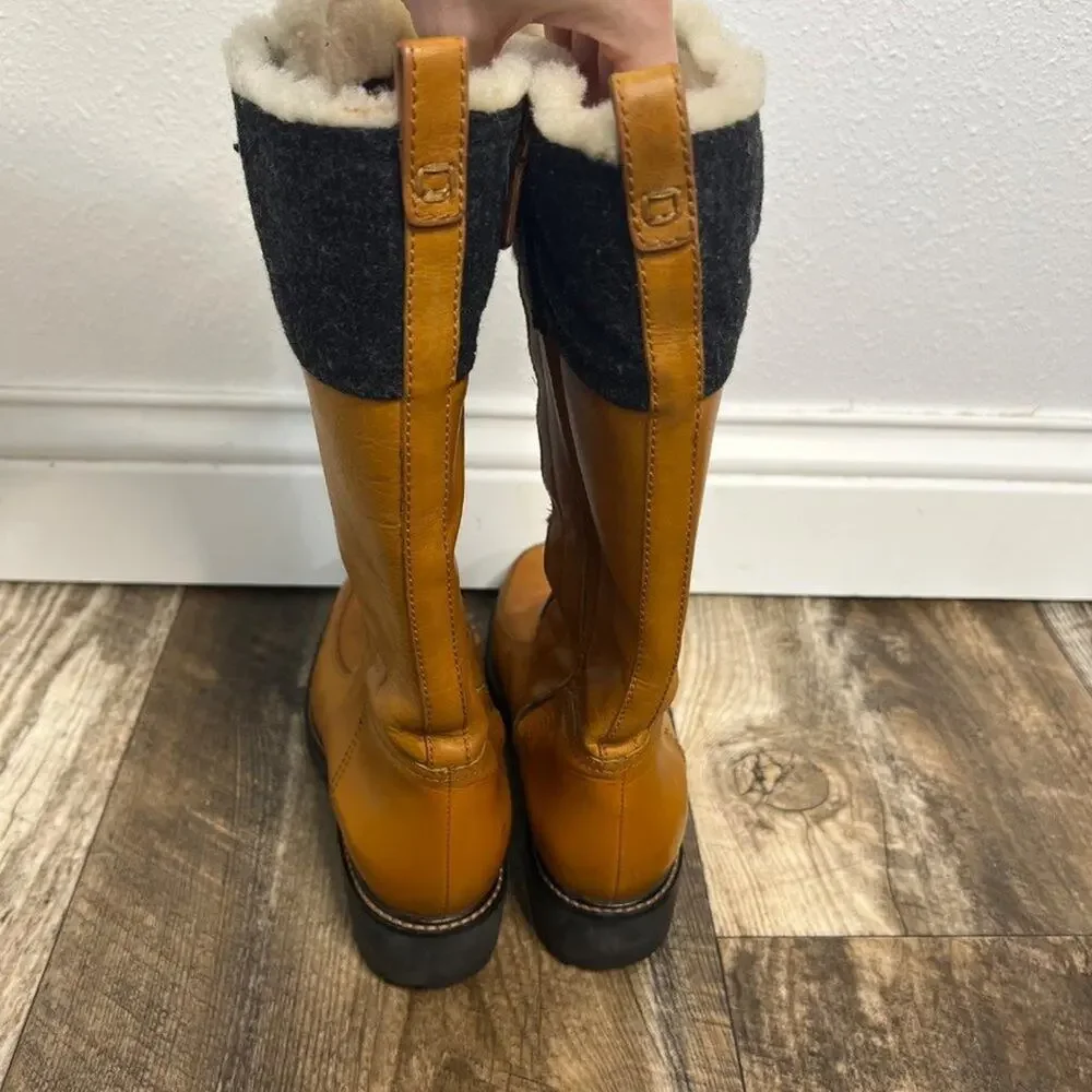 Cole Hann Henson Tall Leather Boots Camel Sherling Lace Up Lug Sole Size 6 1/2